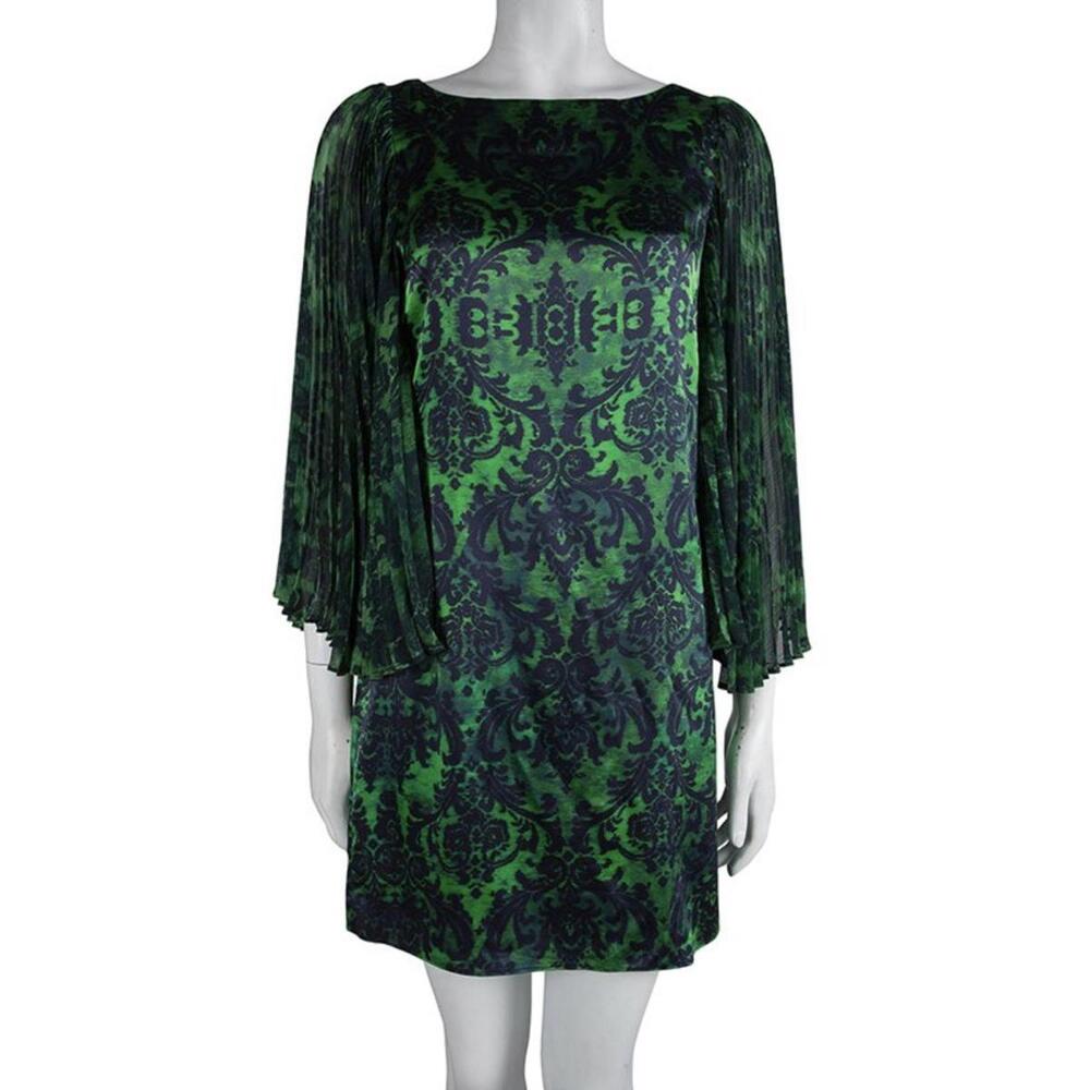 Alice + Olivia Green Navy SILK Shift Dress – Plissé Sleeves – Size L